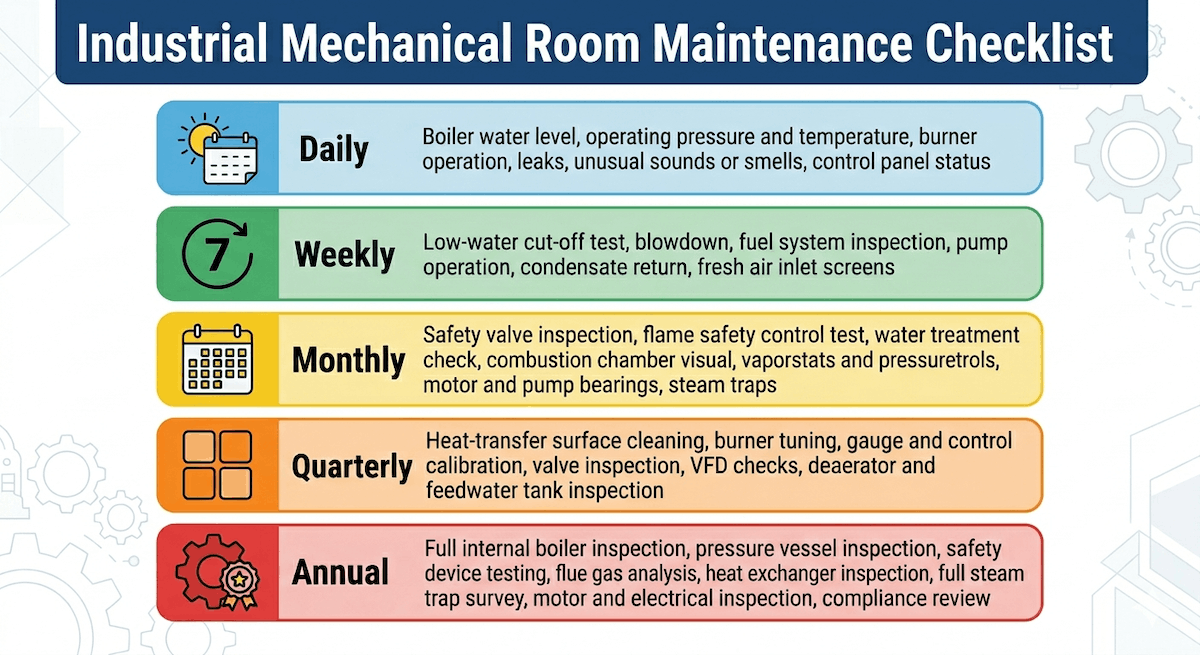 Infographic for an Industrial Mechanical Room Maintenance Checklist, outlining daily, weekly, monthly, quarterly, and annual tasks for equipment like boilers and pumps.